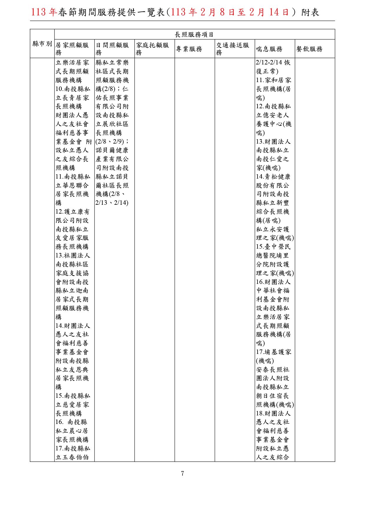 春節期間長照服務提供一覽表
