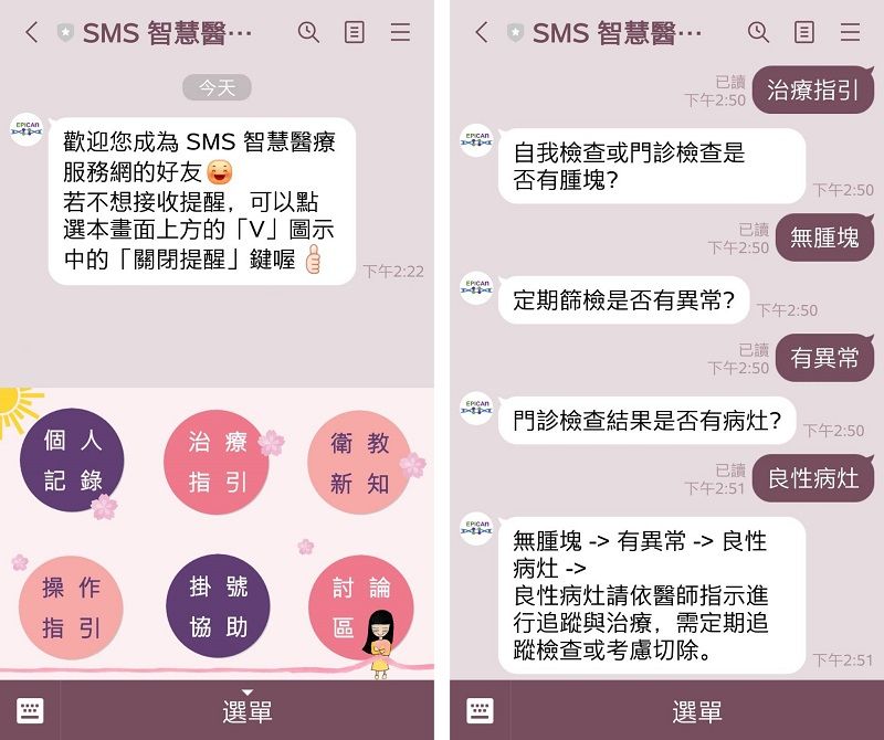 LINE帳號「SMS 智慧醫療服務網」使用情境。